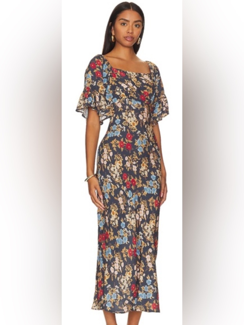 Spell Navy Floral Midi Dress with Flutter Sleeves